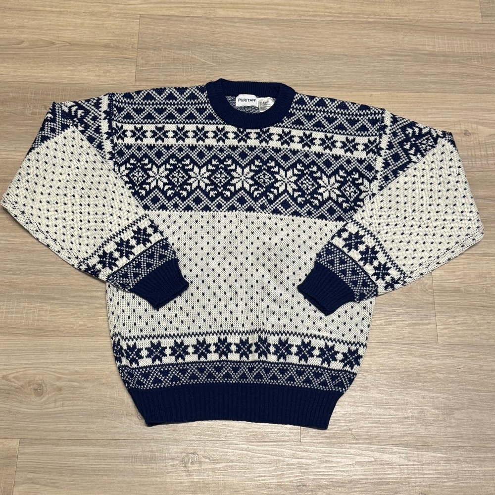 Vintage Puritan Sweater Mens M Fair Isle Nordic Snowflake Ski Crewneck Blue